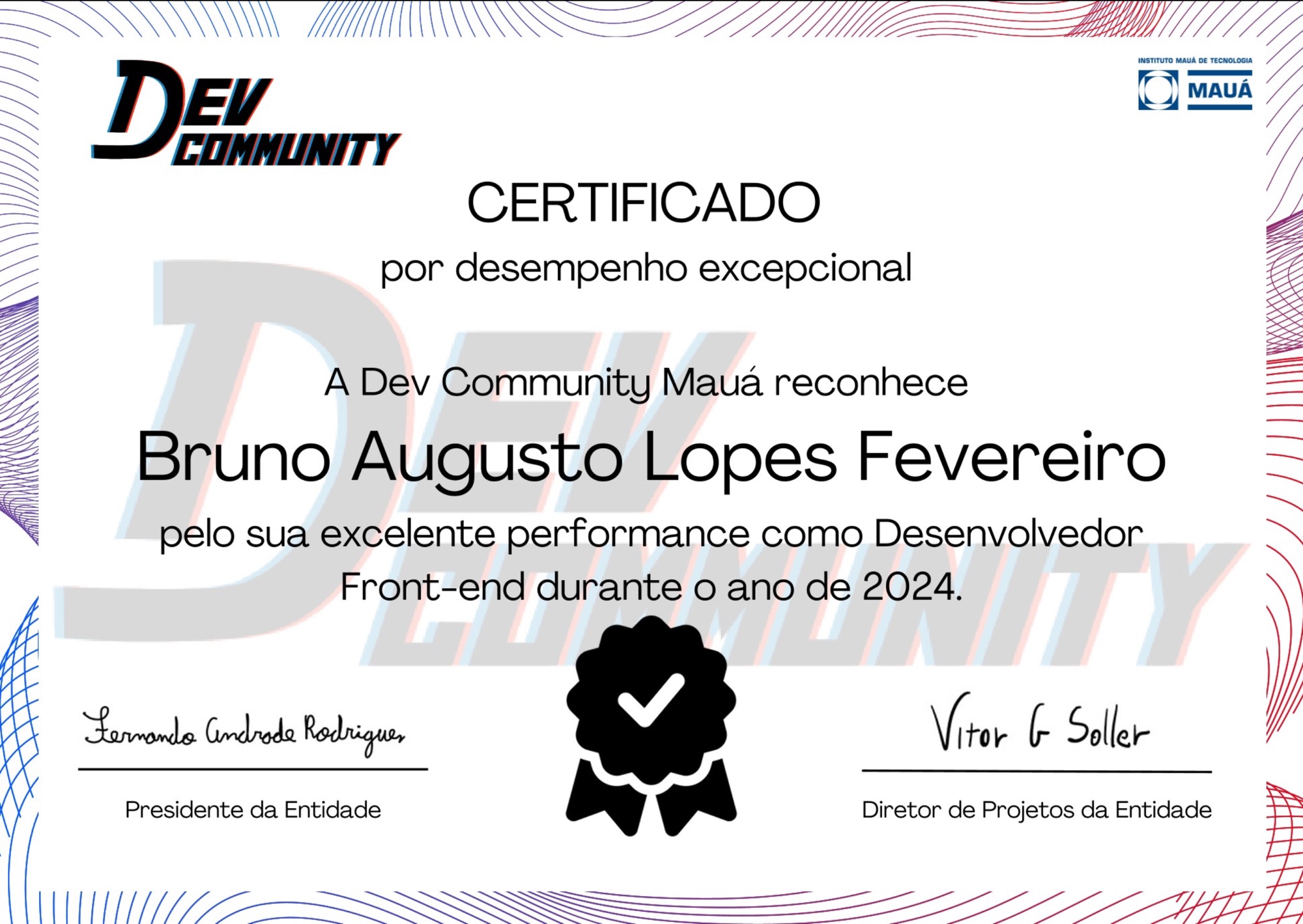 Dev Community Mauá certificate for exceptional performance as a front-end developer in 2024