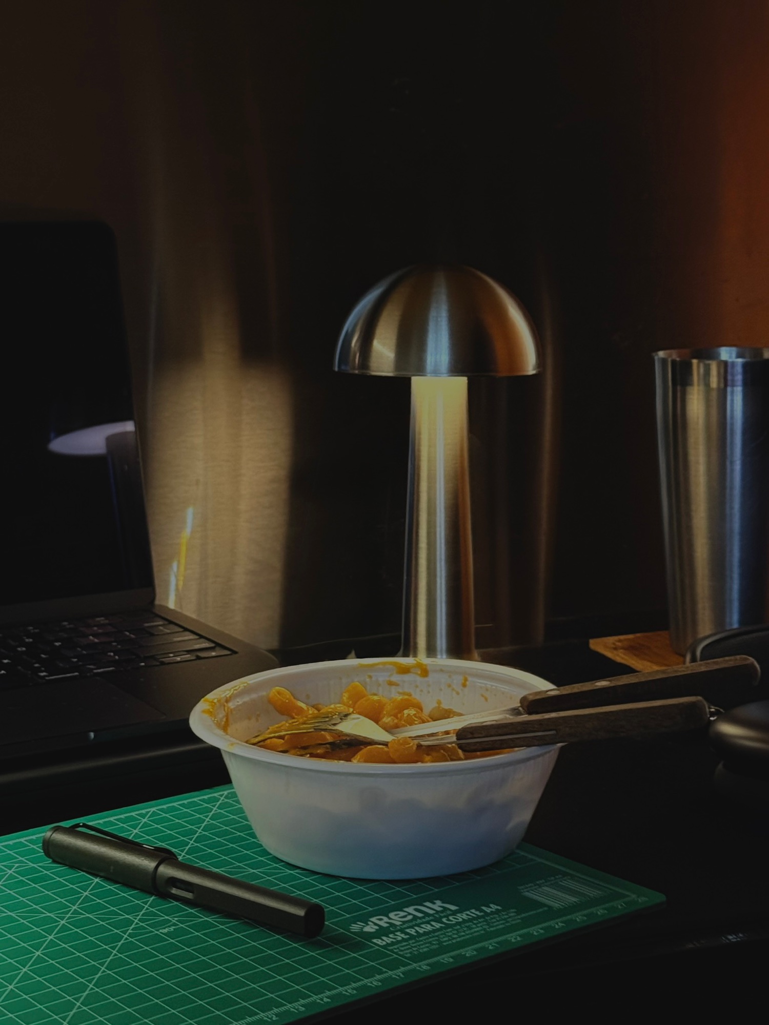 Desk still life with a small lamp and dinner